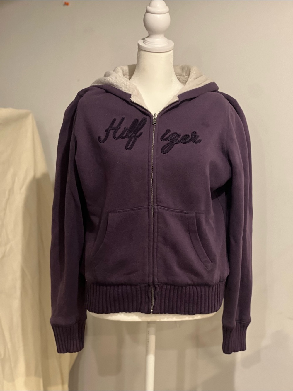 Tommy Hilfiger Purple Hooded Zip Sweatshirt with Light Gray Lining